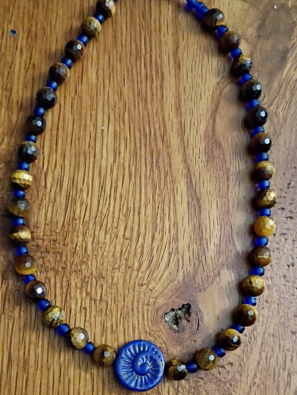 Handmade Blue and Brown Tigers Eye Beaded Necklace with Blue Ceramic Pendant